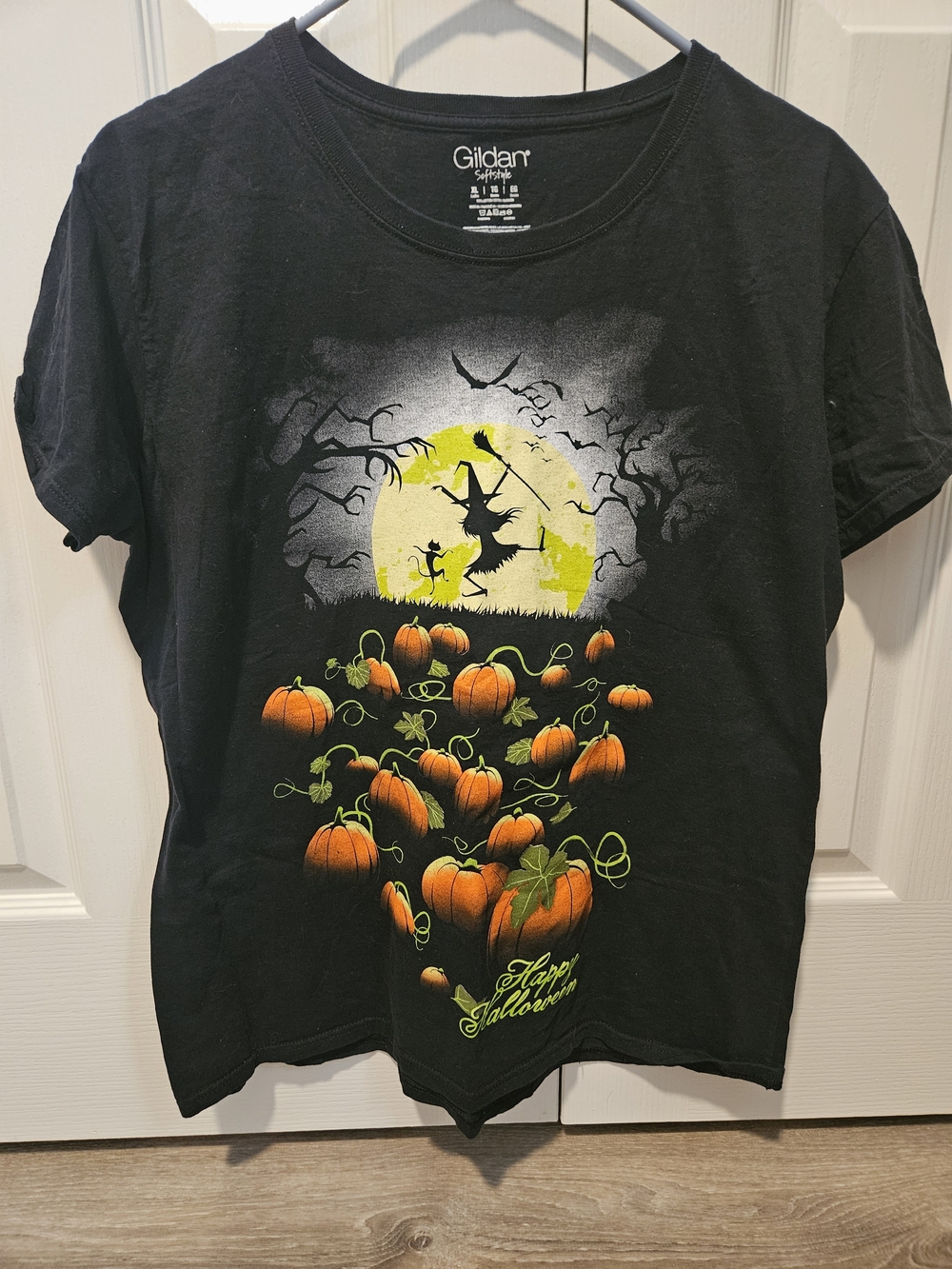 Gildan Black Halloween Witch & Pumpkin Tee with Yellow Moon
